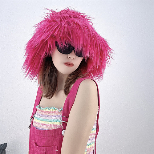 Fashionable Faux Sheep Wool Warm Plush Straw Hat HES-3028