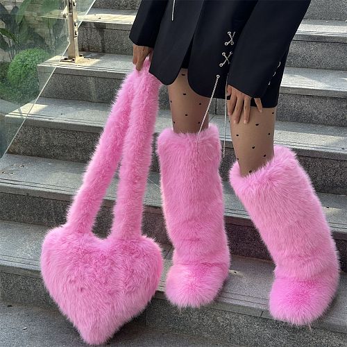 New Heart-shaped Tote Bag and Over-the-knee Faux Fur Snow Boots Set HES-8000