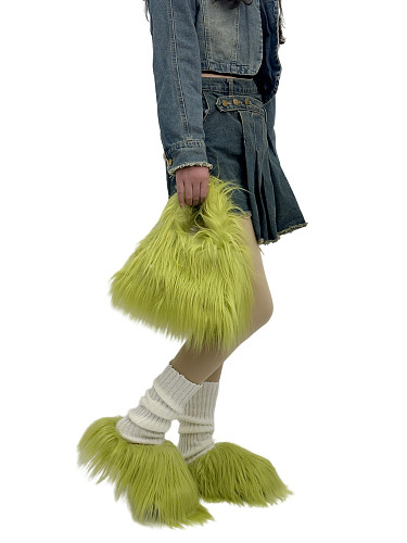 Cute Faux Sheepskin Crossbody Bag Paired With Fluffy Slippers Set HES-5900