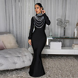 Fashionable Rhinestone-embellished High-neck Bodycon Maxi Dress CYA-902057