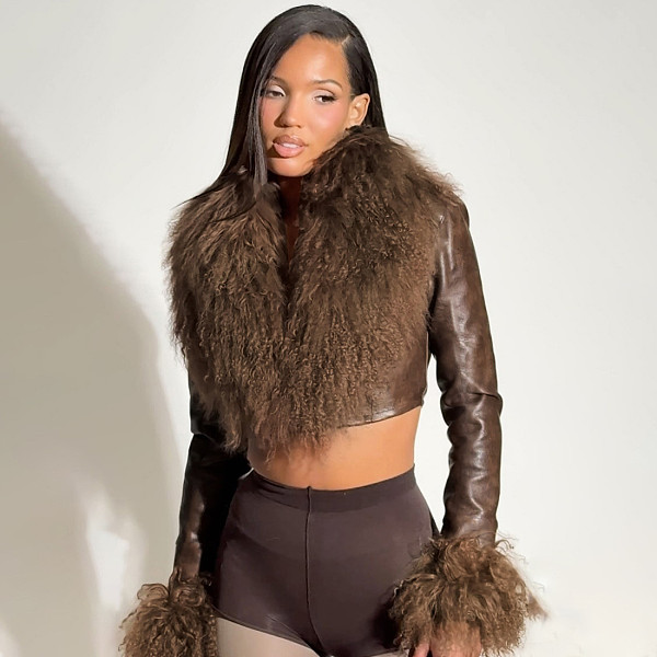 Stylish Long-sleeved V-neck Leather Jacket With Fur Collar and Tassel Trim DLS-85062