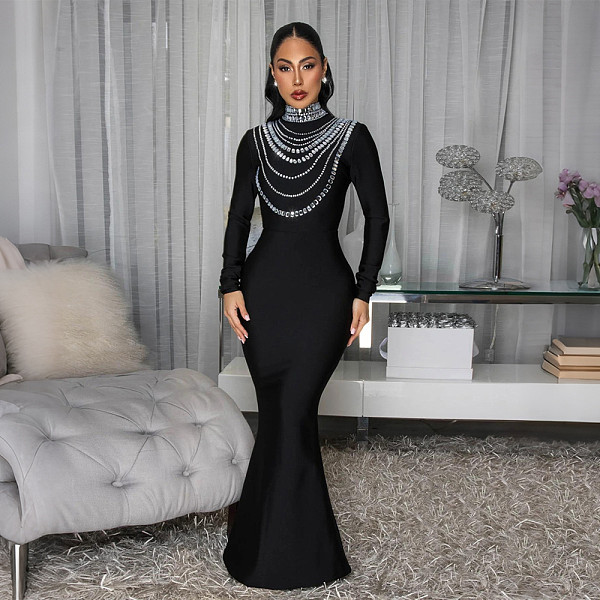 Fashionable Rhinestone-embellished High-neck Bodycon Maxi Dress CYA-902057