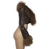 Stylish Long-sleeved V-neck Leather Jacket With Fur Collar and Tassel Trim DLS-85062