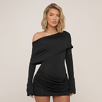 Solid Color Off-shoulder Pleated Ribbon Bodycon Dress MRA-44661