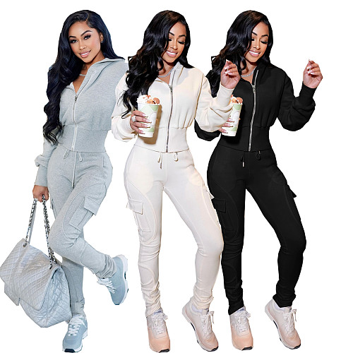 Casual Hooded Zip-up Sweatshirt + Multi-pocket Cargo Pants Tracksuit PMR-813