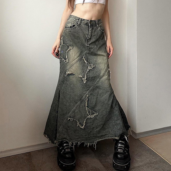 Retro Star Embroidered Washed High-waisted Denim Midi Skirt MRA-45927