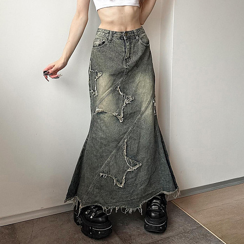 Retro Star Embroidered Washed High-waisted Denim Midi Skirt MRA-45927