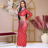 Sexy Printed Long-sleeved Top + Bodycon Slit Skirt Party Dress Set CYA-901651