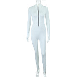 Casual Solid Color High Elasticity Slim Fit Long Zipper Stand Collar Jumpsuit JY-003990