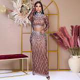 Sexy Printed Long-sleeved Top + Bodycon Slit Skirt Party Dress Set CYA-901651