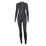 Casual Solid Color High Elasticity Slim Fit Long Zipper Stand Collar Jumpsuit JY-003990