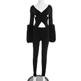 Sexy Deep V-neck Cross-over Cutout Fur Patchwork Long-sleeved Jumpsuit XYWL-25JP409