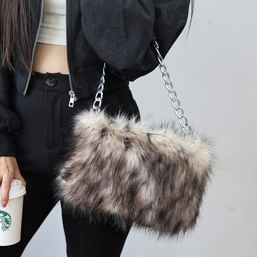 New Leopard Print Plush Chain Baguette Shoulder Bag RS-5795