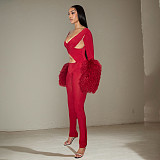 Sexy Deep V-neck Cross-over Cutout Fur Patchwork Long-sleeved Jumpsuit XYWL-25JP409