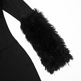 Sexy Deep V-neck Cross-over Cutout Fur Patchwork Long-sleeved Jumpsuit XYWL-25JP409