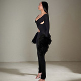 Sexy Deep V-neck Cross-over Cutout Fur Patchwork Long-sleeved Jumpsuit XYWL-25JP409