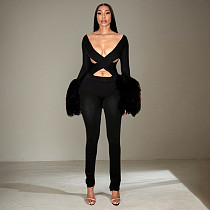 Sexy Deep V-neck Cross-over Cutout Fur Patchwork Long-sleeved Jumpsuit XYWL-25JP409