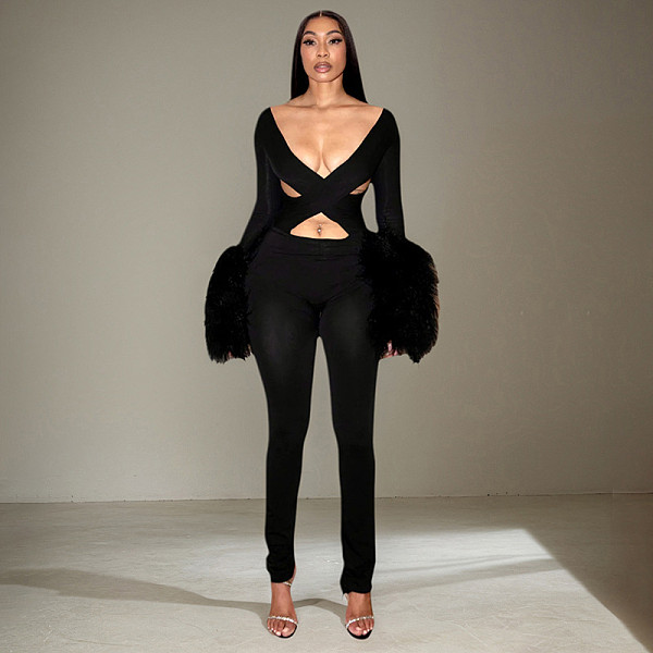 Sexy Deep V-neck Cross-over Cutout Fur Patchwork Long-sleeved Jumpsuit XYWL-25JP409