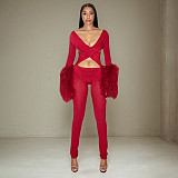 Sexy Deep V-neck Cross-over Cutout Fur Patchwork Long-sleeved Jumpsuit XYWL-25JP409