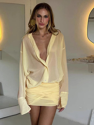 Sexy Cardigan Openwork Tie-up Long-sleeved Dress XS-1236