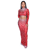 Sexy Printed Long-sleeved Top + Bodycon Slit Skirt Party Dress Set CYA-901651
