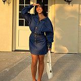 Stylish Collared Button-down Bodycon Denim Mini Dress MRA-44295