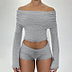 Solid Color Sexy Off-shoulder Collar Long-sleeved Shorts Set MRA-45802