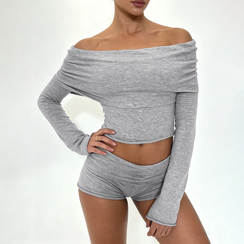 Solid Color Sexy Off-shoulder Collar Long-sleeved Shorts Set MRA-45802