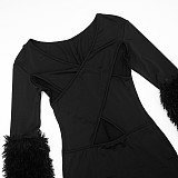 Sexy Deep V-neck Cross-over Cutout Fur Patchwork Long-sleeved Jumpsuit XYWL-25JP409