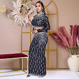 Sexy Printed Long-sleeved Top + Bodycon Slit Skirt Party Dress Set CYA-901651