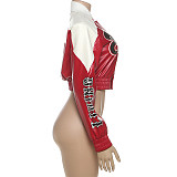 New Printed Color-blocked Sexy PU Leather Short Jacket SXE-80613