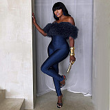 Autumn/Winter Off-Shoulder Fur Collar Sleeveless Stretch Cropped Jumpsuit XYWL-25JP469