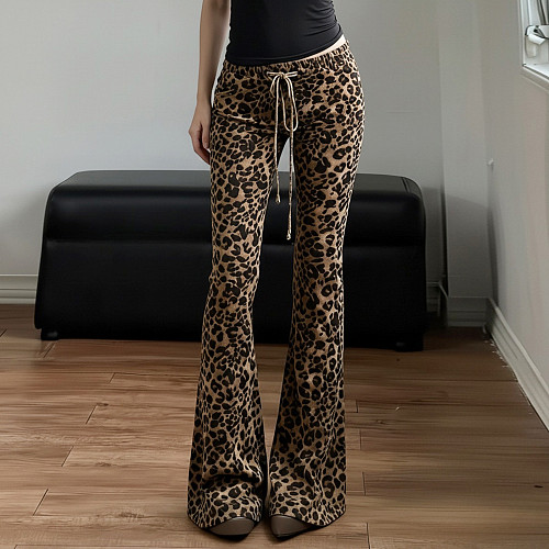 Sexy Leopard Print Lace-up Casual Flared Trousers MRA-45806