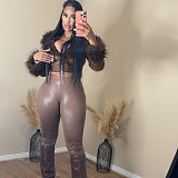 Sexy Solid Color V-neck PU Leather Short Slim-fit Jacket ZJQD-83605