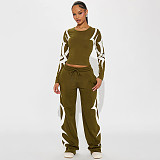 Autumn/Winter Round Neck Pullover Printed Top and Elastic Drape High Waist Straight Leg Pants Set XYWL-25ST398