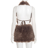 Autumn/Winter Furry Scarf Tie-up Backless Short Bodycon Skirt Set XYWL-25ST363