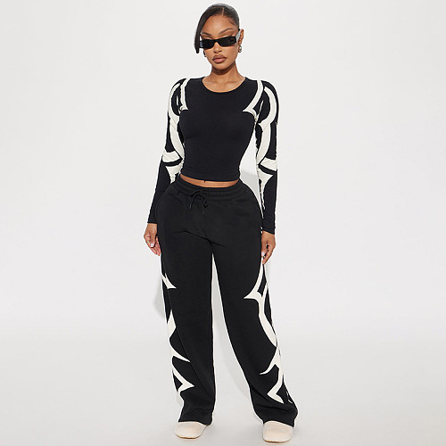 Autumn/Winter Round Neck Pullover Printed Top and Elastic Drape High Waist Straight Leg Pants Set XYWL-25ST398