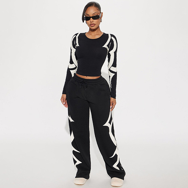 Autumn/Winter Round Neck Pullover Printed Top and Elastic Drape High Waist Straight Leg Pants Set XYWL-25ST398