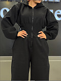 Casual Solid Color Hooded Zip-up Elastic Waist Jumpsuit PMR-818