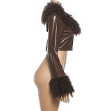 Sexy Solid Color V-neck PU Leather Short Slim-fit Jacket ZJQD-83605