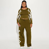Autumn/Winter Round Neck Pullover Printed Top and Elastic Drape High Waist Straight Leg Pants Set XYWL-25ST398