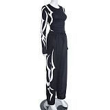 Autumn/Winter Round Neck Pullover Printed Top and Elastic Drape High Waist Straight Leg Pants Set XYWL-25ST398