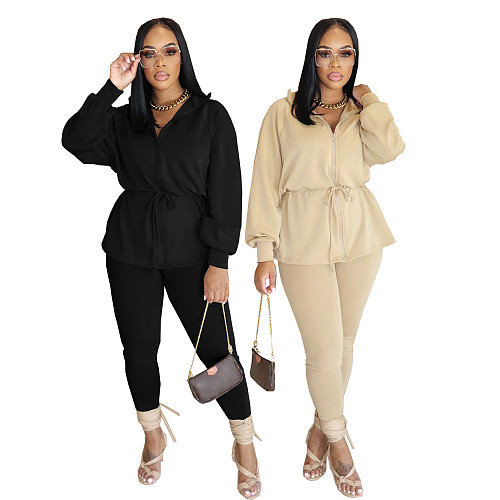 Stylish Drawstring Slim-fit Jacket With Elastic Waist and Slim-fit Pants Two-piece Set PMR-821