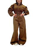 Casual Solid Color Hooded Zip-up Elastic Waist Jumpsuit PMR-818