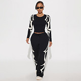 Autumn/Winter Round Neck Pullover Printed Top and Elastic Drape High Waist Straight Leg Pants Set XYWL-25ST398