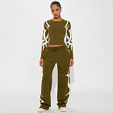 Autumn/Winter Round Neck Pullover Printed Top and Elastic Drape High Waist Straight Leg Pants Set XYWL-25ST398
