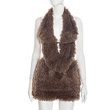 Autumn/Winter Furry Scarf Tie-up Backless Short Bodycon Skirt Set XYWL-25ST363