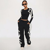 Autumn/Winter Round Neck Pullover Printed Top and Elastic Drape High Waist Straight Leg Pants Set XYWL-25ST398