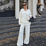 Autumn/Winter Lazy Style Cable Knit V-Neck Knitted Loose Top and Casual Pants Two-Piece Set MRA-45857
