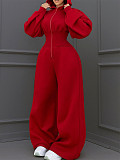 Casual Solid Color Hooded Zip-up Elastic Waist Jumpsuit PMR-818